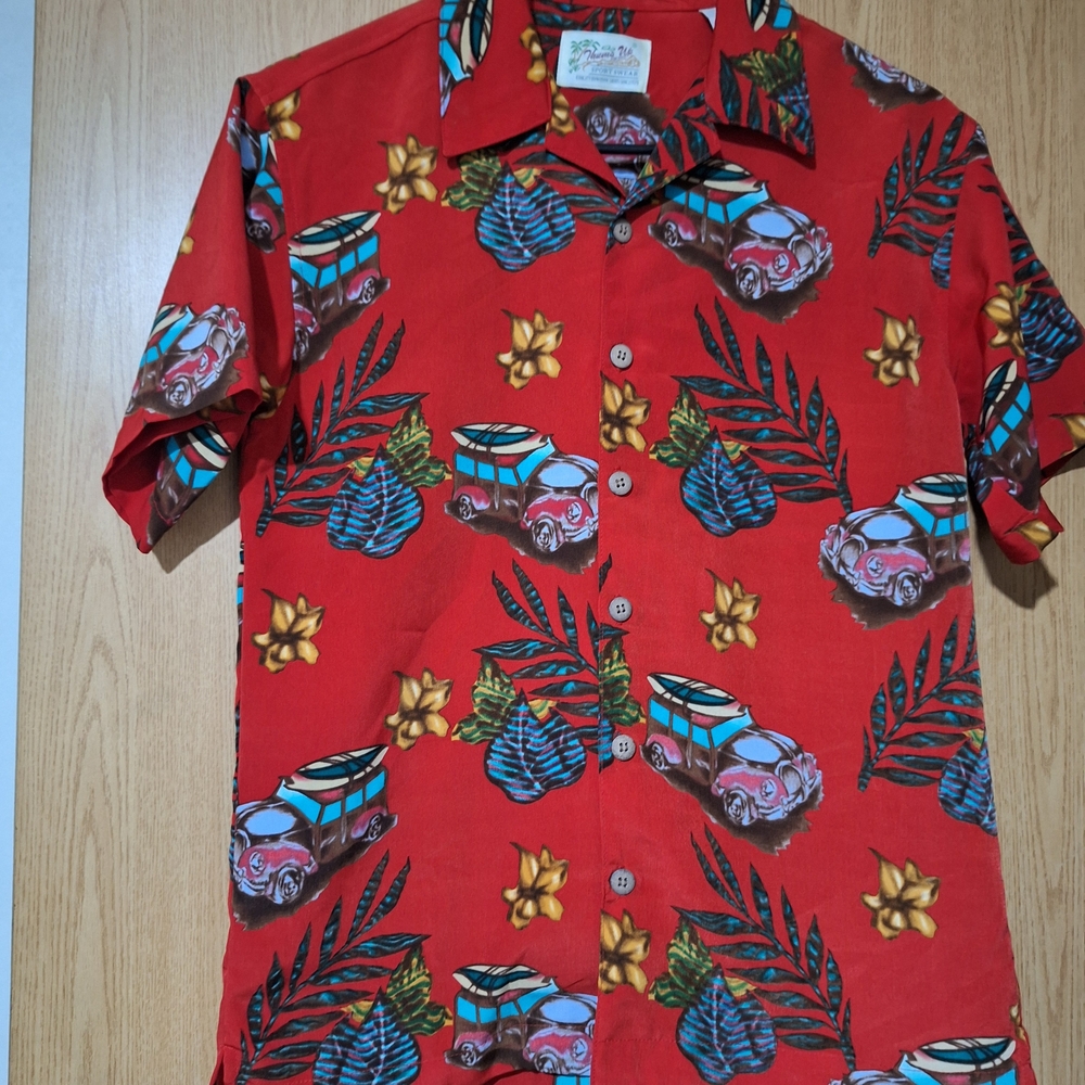 Tropical Red Button-Down Kids Shirt with Surf Van Print